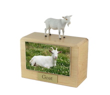 Wooden Pet Urn with Standing White Goat Figurine & 4x6 Inches Photo Holder
