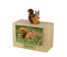 Wooden Pet Urn with Sitting Brown Squirrel Figurine & 4x6 Inches Photo Holder