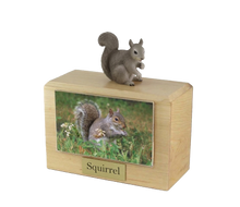 Wooden Pet Urn with Sitting Gray Squirrel Figurine & 4x6 Inches Photo Holder
