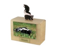Wooden Pet Urn with Standing Black and White Skunk Figurine & 3.5x5 Inches Photo Holder