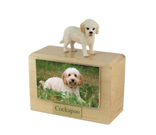 Wooden Pet Urn with Standing White Cockapoo Figurine & 4x6 Inches Photo Holder