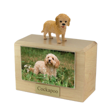 Wooden Pet Urn with Standing Blond Cockapoo Figurine & 4x6 Inches Photo Holder