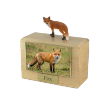 Wooden Pet Urn with Standing Fox Figurine & 3.5x5 Inches Photo Holder