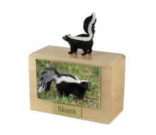 Wooden Pet Urn with Standing Black and White Mini Skunk Figurine & 4x6 Inches Photo Holder