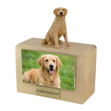 Wooden Pet Urn with Sitting Blond Golden Retriever Figurine & 4x6 Inches Photo Holder