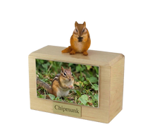 Wooden Pet Urn with Sitting Chipmunk Figurine & 4x6 Inches Photo Holder