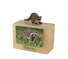 Wooden Pet Urn with Standing Raccoon Figurine & 4x6 Inches Photo Holder