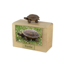 Wooden Pet Urn with Standing Turtle Figurine & 4x6 Inches Photo Holder