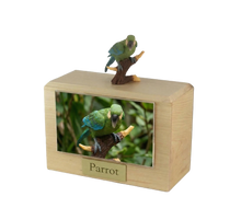 Wooden Pet Urn with Perched Green Parrot Figurine & 4x6 Inches Photo Holder