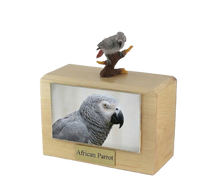 Wooden Pet Urn with Perched Gray African Parrot Figurine & 4x6 Inches Photo Holder