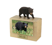 Wooden Pet Urn with Walking Black Bear Figurine & 4x6 Inches Photo Holder