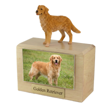 Wooden Pet Urn with Standing Golden Retriever Figurine & 4x6 Inches Photo Holder