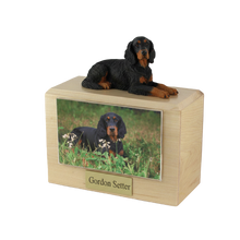 Wooden Pet Urn with Lying Down Gordon Setter Figurine & 4x6 Inches Photo Holder