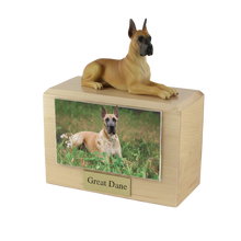 Wooden Pet Urn with Lying Down Fawn Great Dane Figurine & 4x6 Inches Photo Holder