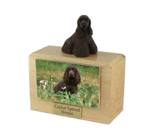 Wooden Pet Urn with Sitting Bronze Cocker Spaniel Figurine & 3.5x5 Inches Photo Holder