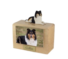 Urna de madera para mascotas con figura de terrier escocés sentado y portafotos de 10 x 15 cm