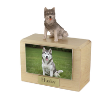 Wooden Pet Urn with Sitting Husky Figurine & 4x6 Inches Photo Holder