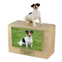 Wooden Pet Urn with Sitting Black Jack Russel Terrier Figurine & 4x6 Inches Photo Holder