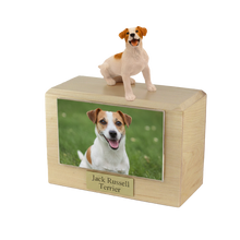 Wooden Pet Urn with Sitting Brown Jack Russel Terrier Figurine & 4x6 Inches Photo Holder