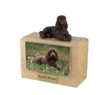 Wooden Pet Urn with Resting Bronze Poodle Figurine & 4x6 Inches Photo Holder