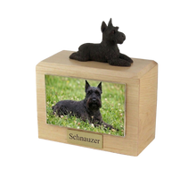 Wooden Pet Urn with Black Schnauzer Ears-Up Figurine & 4x6 Inches Photo Holder