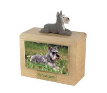 Wooden Pet Urn with Grey Schnauzer Ears-Up Figurine & 4x6 Inches Photo Holder