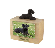 Wooden Pet Urn with Black Schnauzer Ears-Down Figurine & 4x6 Inches Photo Holder