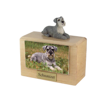 Wooden Pet Urn with Grey Schnauzer Ears-Down Figurine & 4x6 Inches Photo Holder