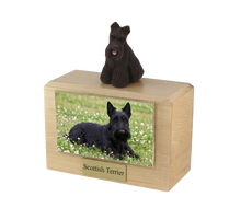 Wooden Pet Urn with Black Scottish Terrier Figurine & 4x6 Inches Photo Holder
