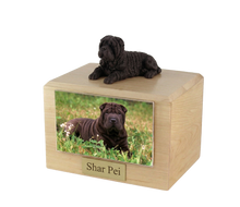 Wooden Pet Urn with Lying Down Black Shar Pei Figurine & 4x6 Inches Photo Holder