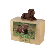 Wooden Pet Urn with Lying Down Chocolate Shar Pei Figurine & 4x6 Inches Photo Holder