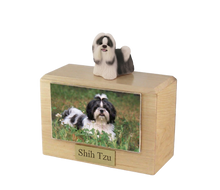 Wooden Pet Urn with Standing Black and White Shih Tzu Tongue-Out Figurine & 4x6 Inches Photo Holder