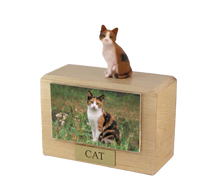 Wooden Pet Urn with Sitting Calico Cat Figurine & 4x6 Inches Photo Holder