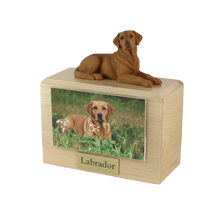 Urna de madera para mascotas con figura de border terrier sentado y portafotos de 10 x 15 cm