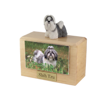 Wooden Pet Urn with Grey and White Shih Tzu Standing Figurine & 3.5x5 Inches Photo Holder