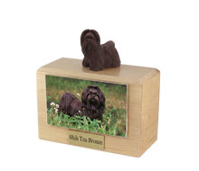 Wooden Pet Urn with Bronze Shih Tzu Figurine & 3.5x5 Inches Photo Holder