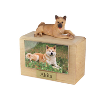 Wooden Pet Urn with Fawn Akita Lying Down Figurine & 3.5x5 Inches Photo Holder