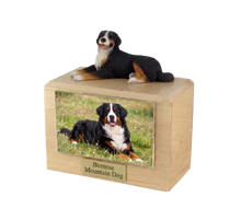 Wooden Pet Urn with Tri-Color Bernese Mountain Dog Lying Down Figurine & 3.5x5 Inches Photo Holder