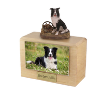 Urna de madera para mascotas con figura de border terrier sentado y portafotos de 8,9 x 12,7 cm
