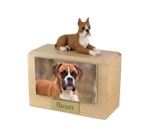 Wooden Pet Urn with Tawny Boxer Ears-Up Figurine & 3.5x5 Inches Photo Holder