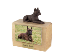 Wooden Pet Urn with Bronze Boxer with Ears-Up Lying Down Figurine & 3.5x5 Inches Photo Holder