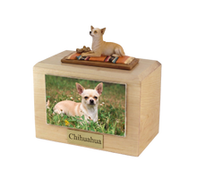 Wooden Pet Urn with Chihuahua Lying Down on a Blanket Figurine & 4x6 Inches Photo Holder