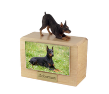 Wooden Pet Urn with Red Doberman Play Bowing Figurine & 3.5x5 Inches Photo Holder