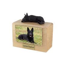 Wooden Pet Urn with Black German Shepherd Resting Figurine & 4x6 Inches Photo Holder