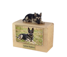 Wooden Pet Urn with Black & Silver German Shepherd Resting Figurine & 4x6 Inches Photo Holder