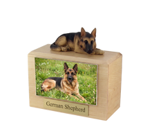 Wooden Pet Urn with Tan & Black German Shepherd Resting Figurine & 4x6 Inches Photo Holder