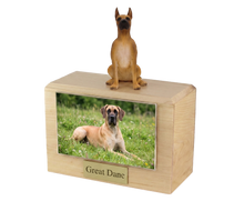Wooden Pet Urn with Fawn Great Dane Sitting Figurine & 4x6 Inches Photo Holder