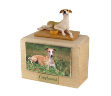 Wooden Pet Urn with Tan Greyhound Lying Down Figurine & 3.5x5 Inches Photo Holder
