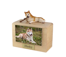 Wooden Pet Urn with Red & White Husky Chewing Stick Figurine & 3.5x5 Inches Photo Holder