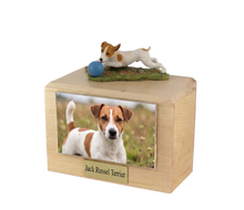 Wooden Pet Urn with Brown & White Jack Russel Terrier Playing with Ball Figurine & 3.5x5 Inches Photo Holder